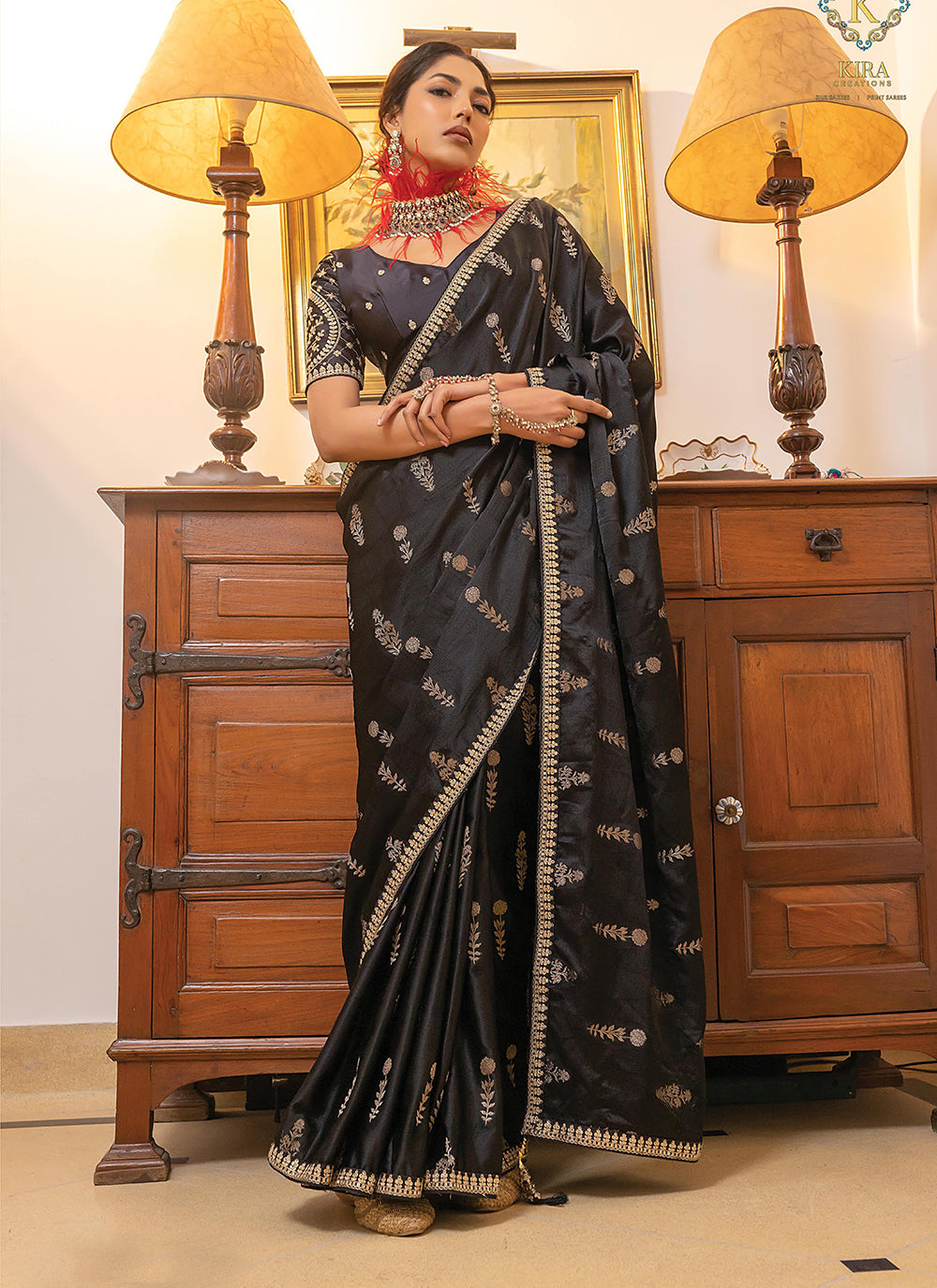 Black Satin Embroidered Work Trendy Saree For Women