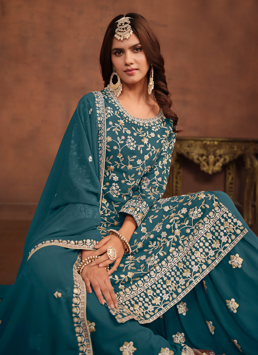 Embroidered And Sequins Work Faux Georgette Salwar Suit In Rama
