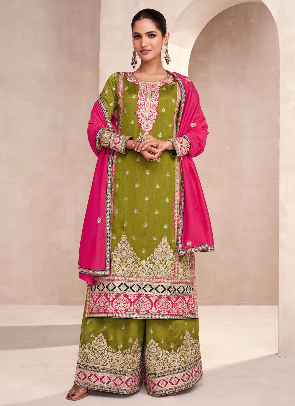 Green Silk Embroidered And Sequins Work Palazzo Salwar Suit For Women