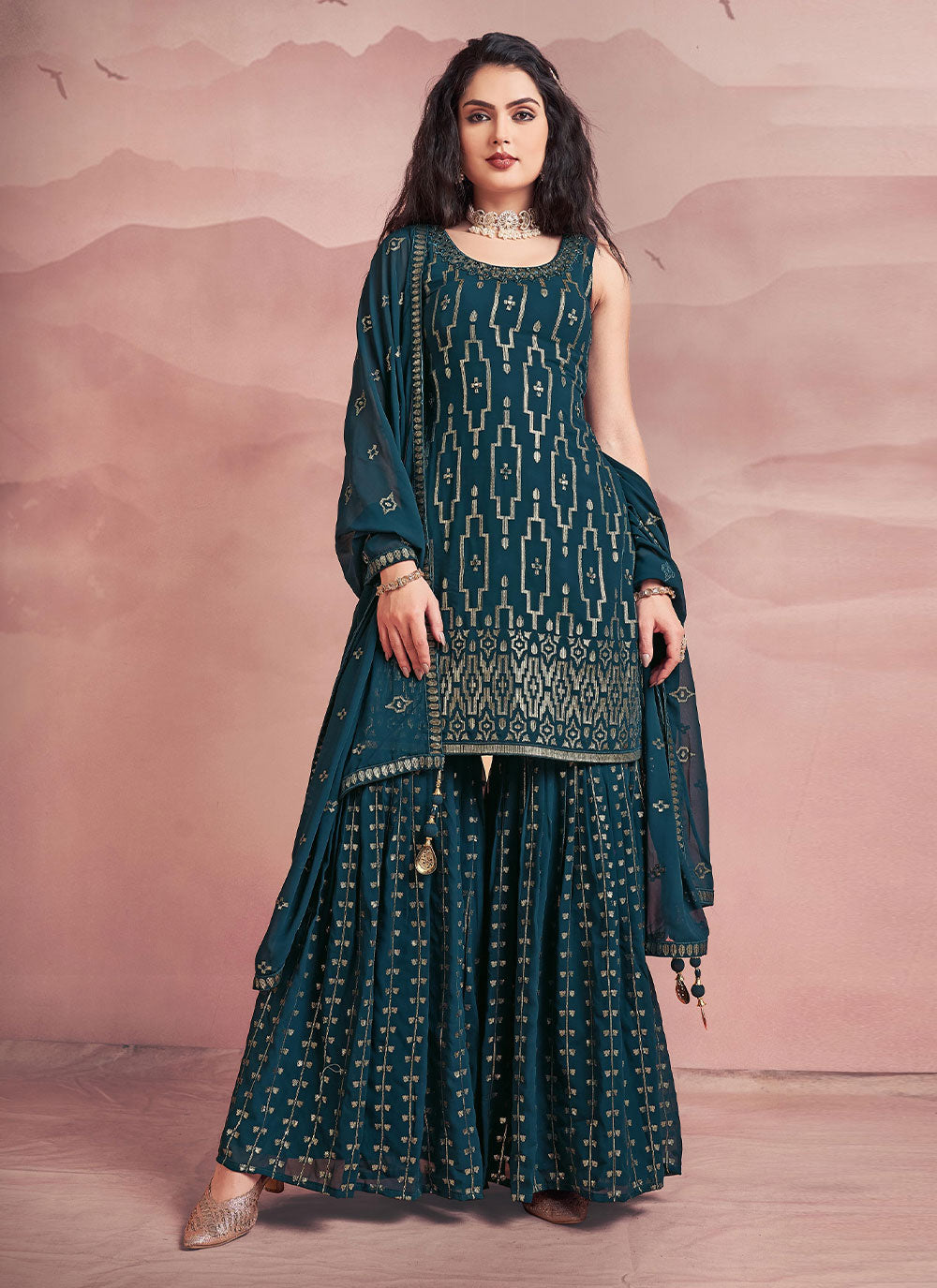 Georgette Readymade Suit In Teal