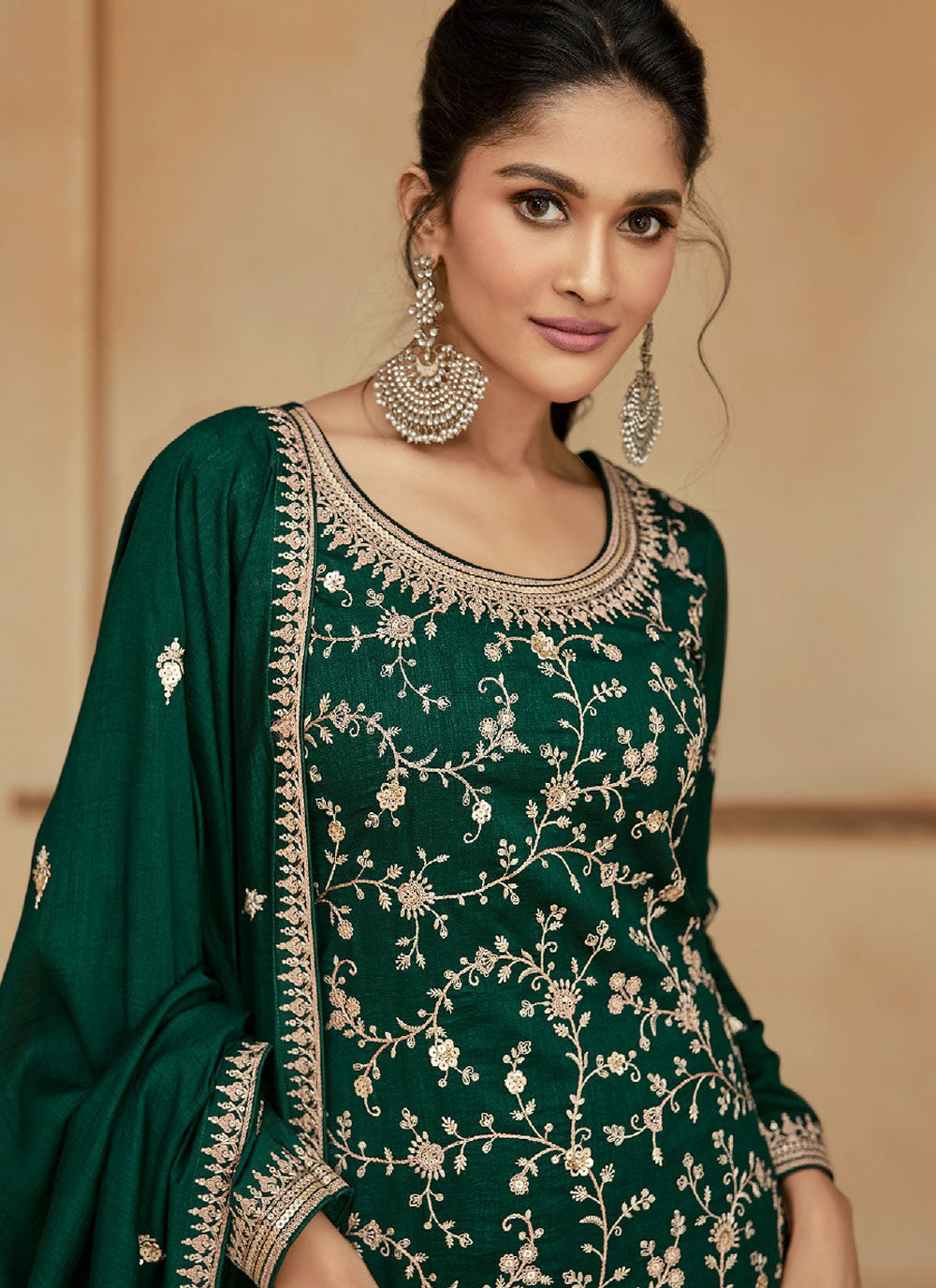 Green Silk Embroidered Work Trendy Suit For Engagement