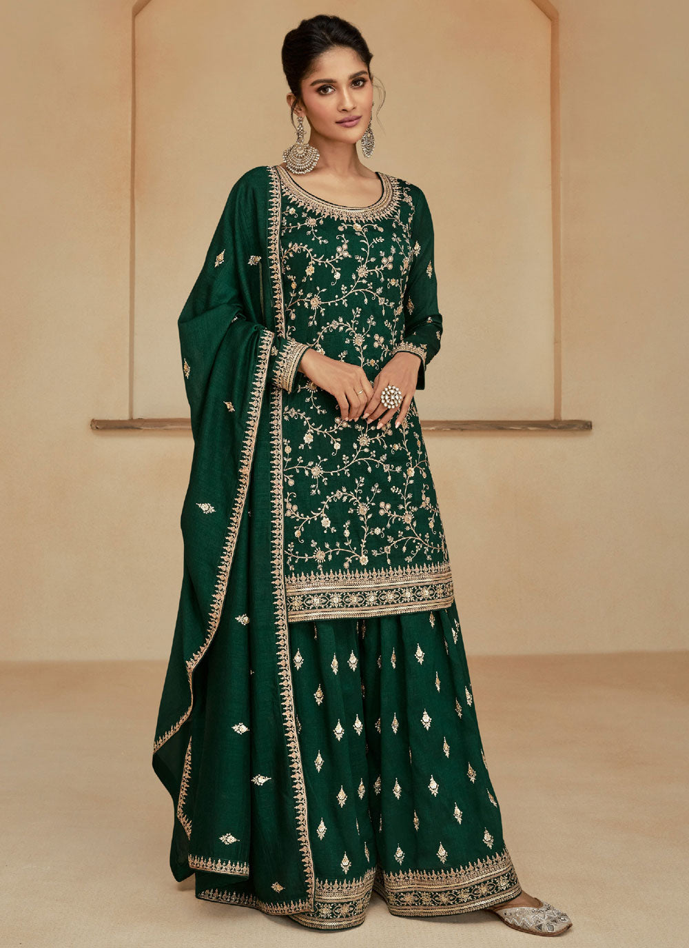 Green Silk Embroidered Work Trendy Suit For Engagement