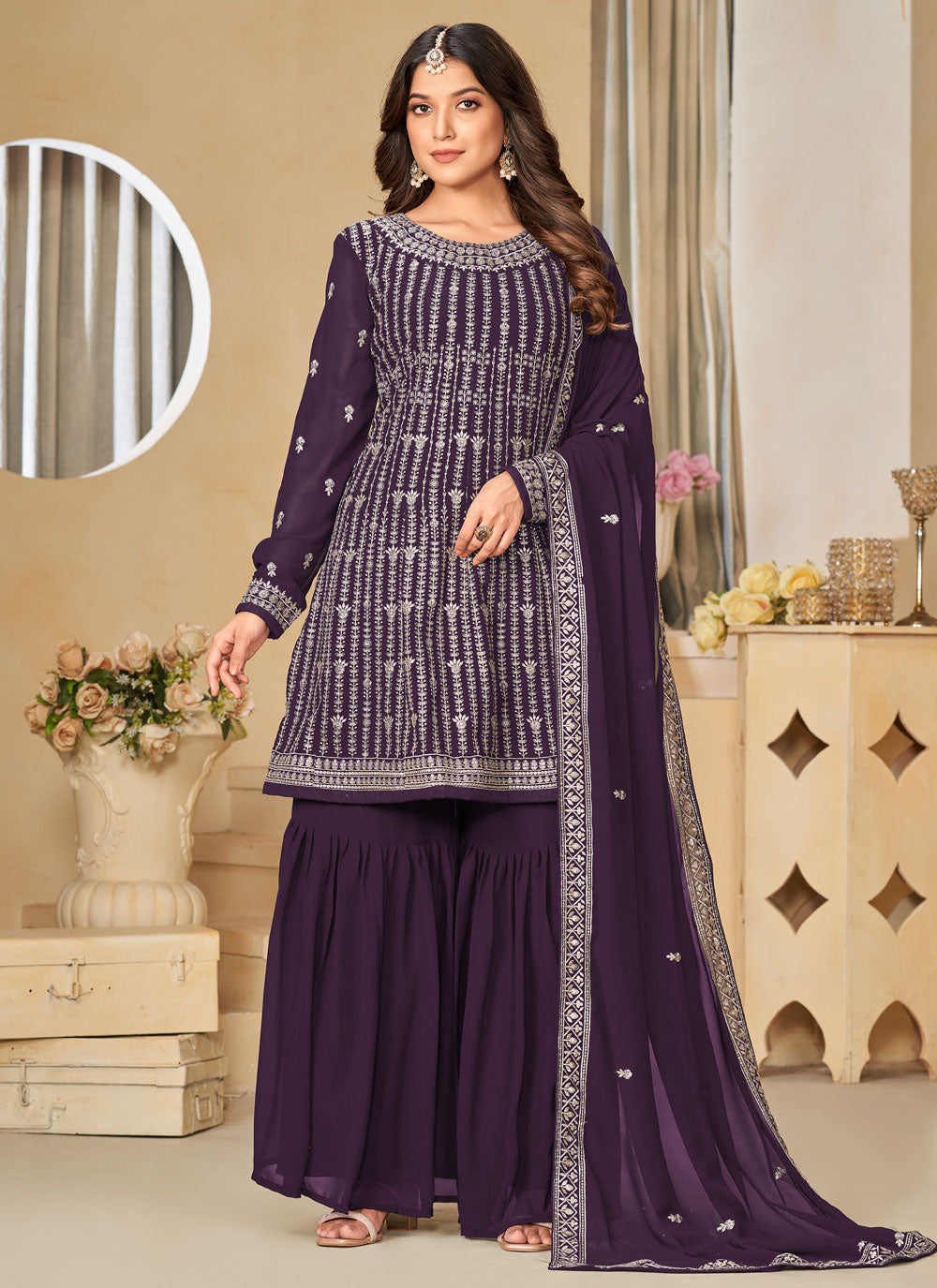 Purple Faux Georgette Embroidered Work Salwar Suit For Women