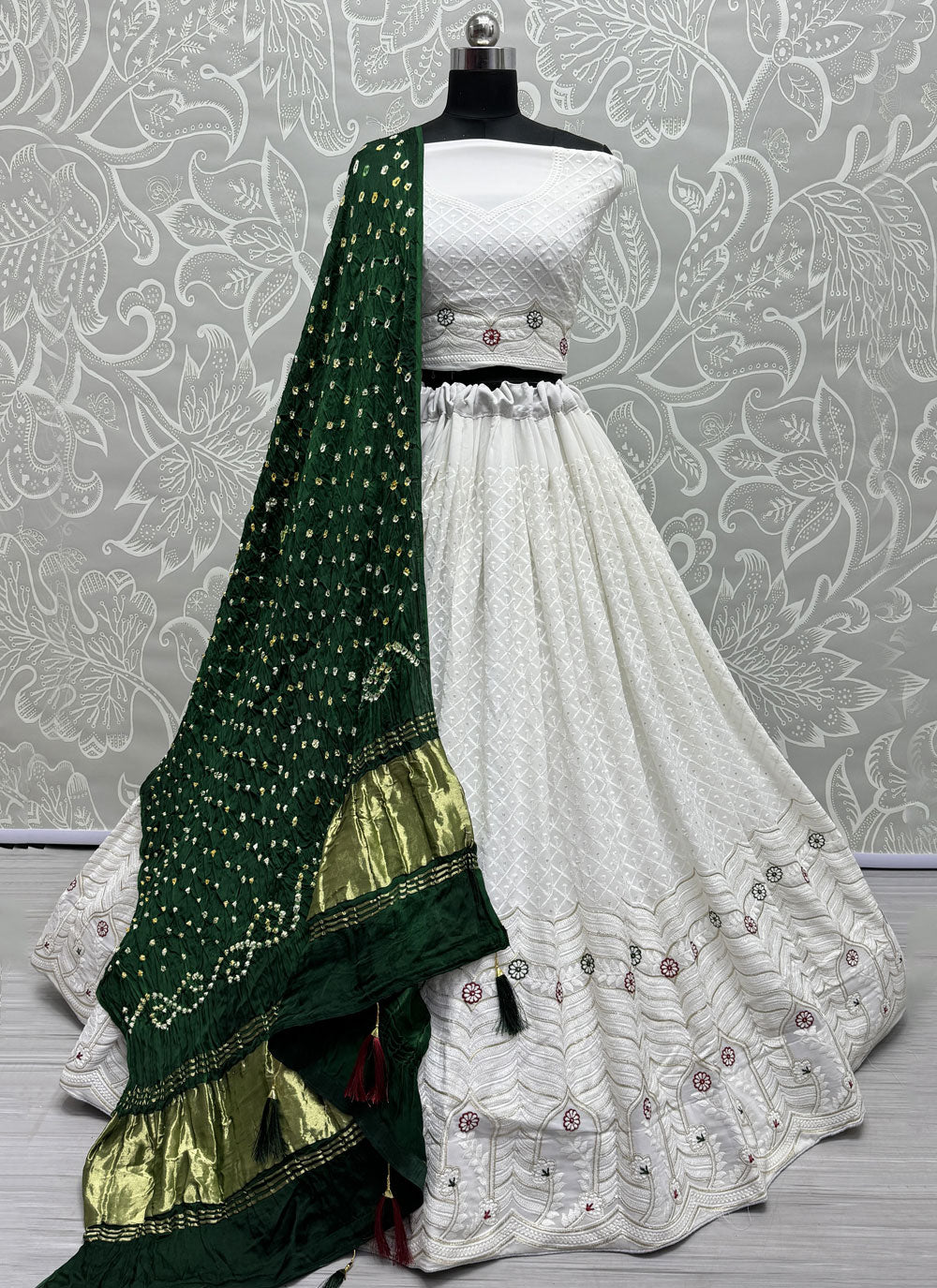 White Georgette Lehenga Choli With Lucknowi Work And Thread Work For Ceremonial