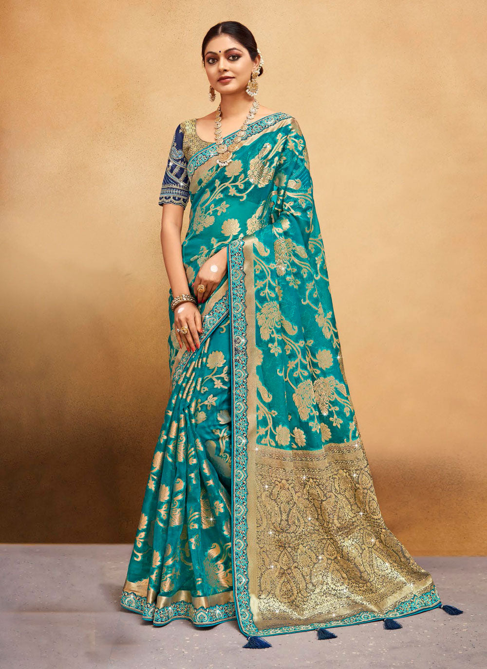 Patch Border And Weaving Work Organza Classic Saree In Turquoise For Ceremonial