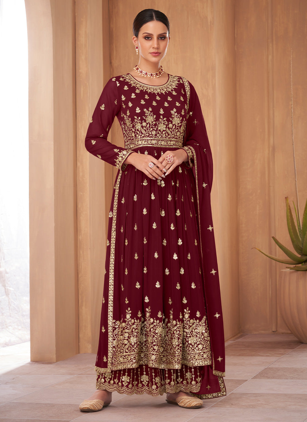 Embroidered Maroon Palazzo Salwar Suit