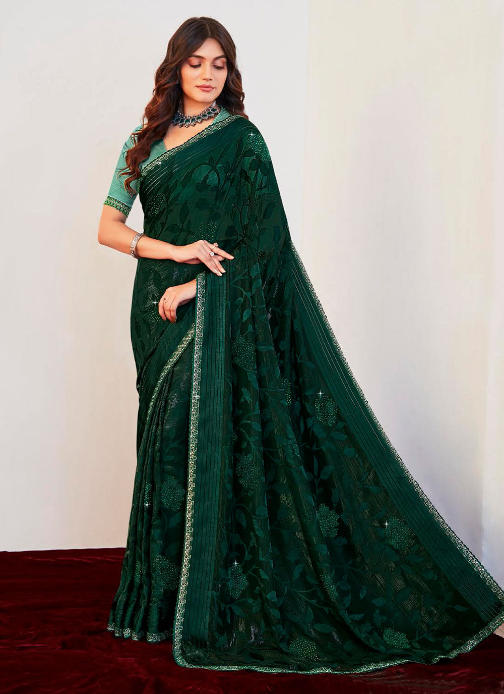 Green Brasso Contemporary Sari With Fancy And Lace Work For Ceremonial