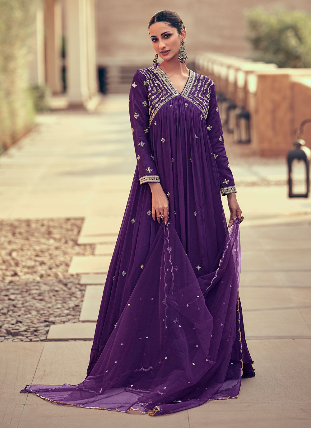 Purple Chinon Embroidered Work Indian Gown For Ceremonial