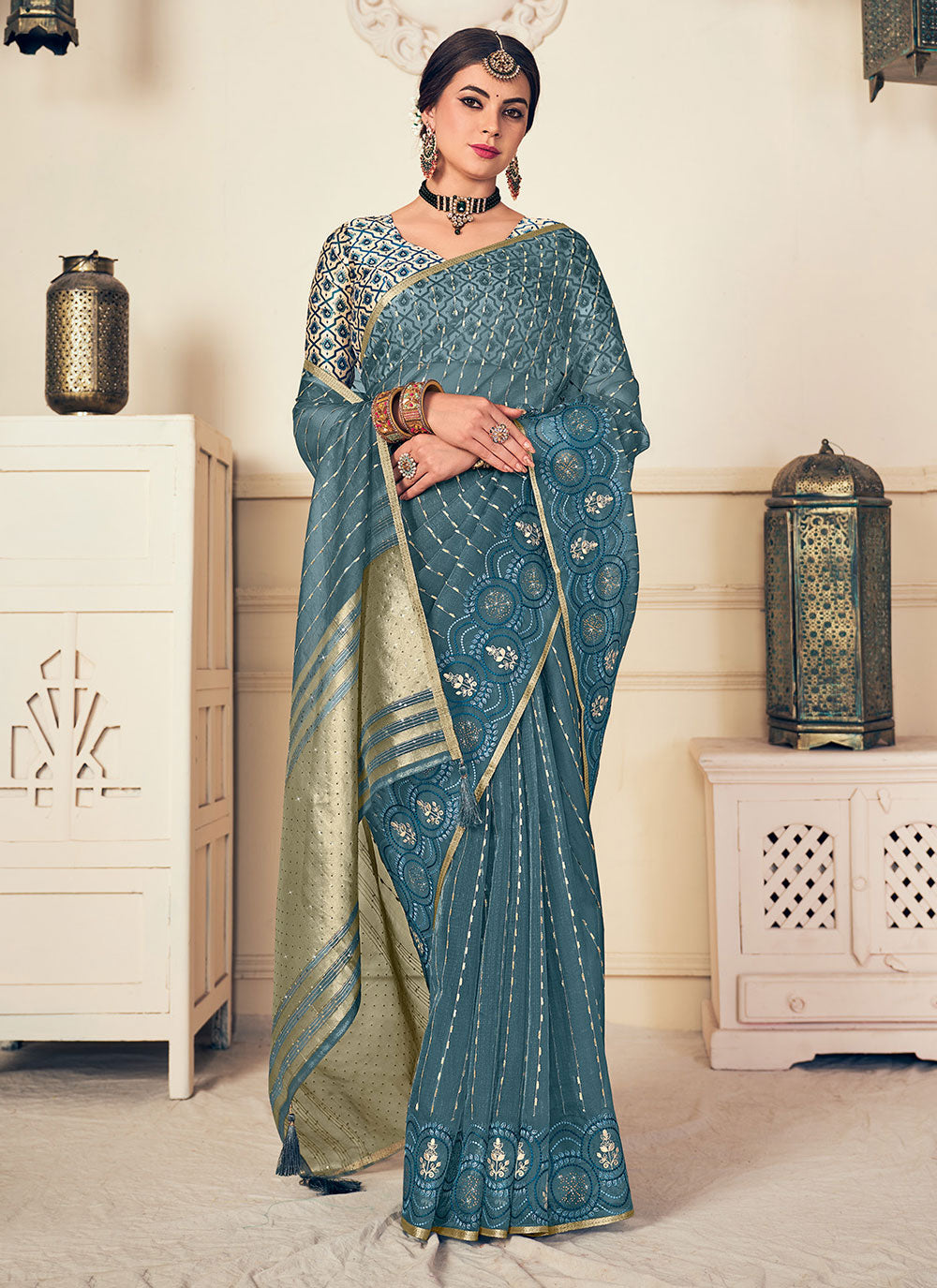 Embroidered And Woven Work Silk Classic Sari In Grey