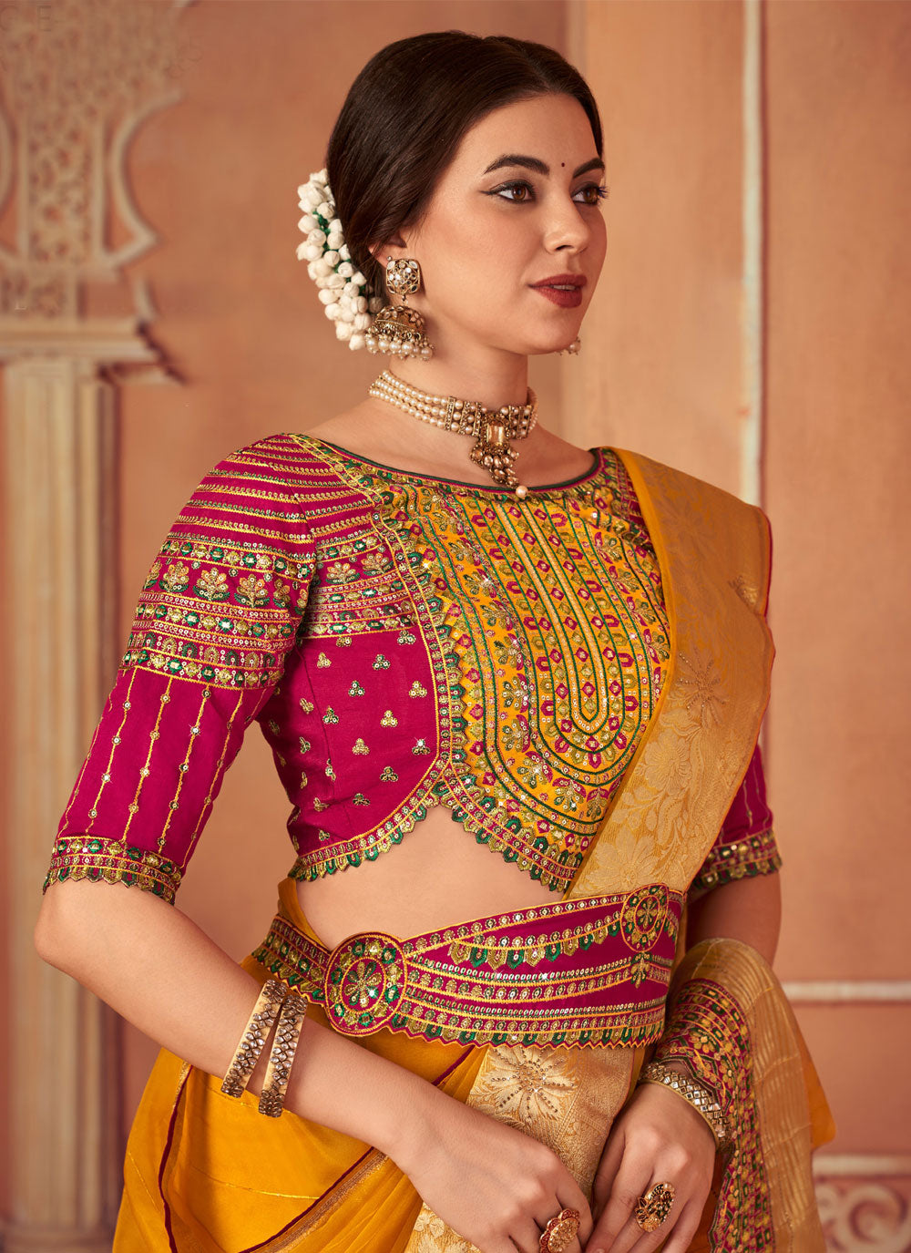 Yellow Contemporary Saree With Embroidered, Mirror And Sequins Work
