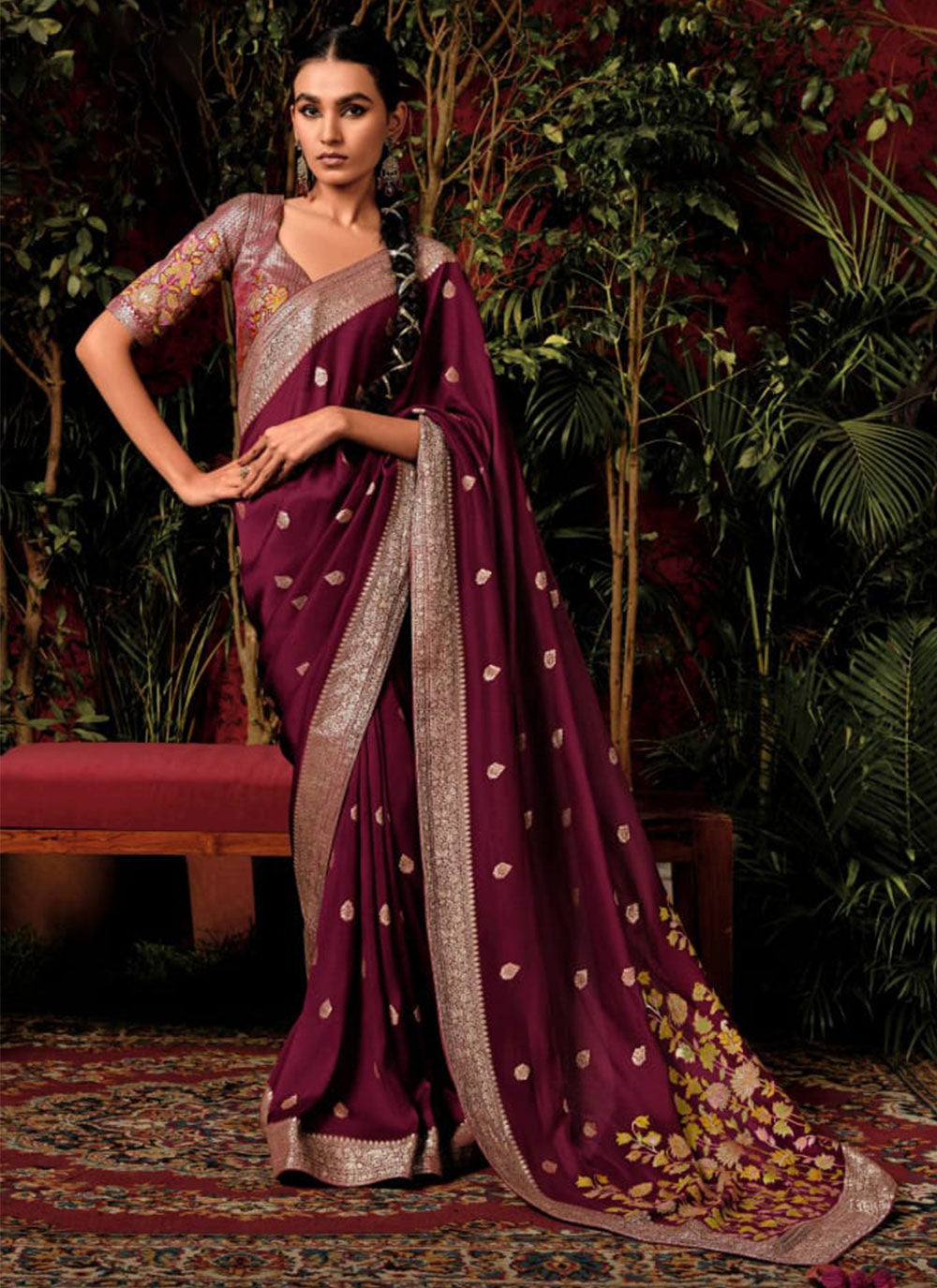 Maroon Silk Contemporary Sari With Weaving And Zari Work