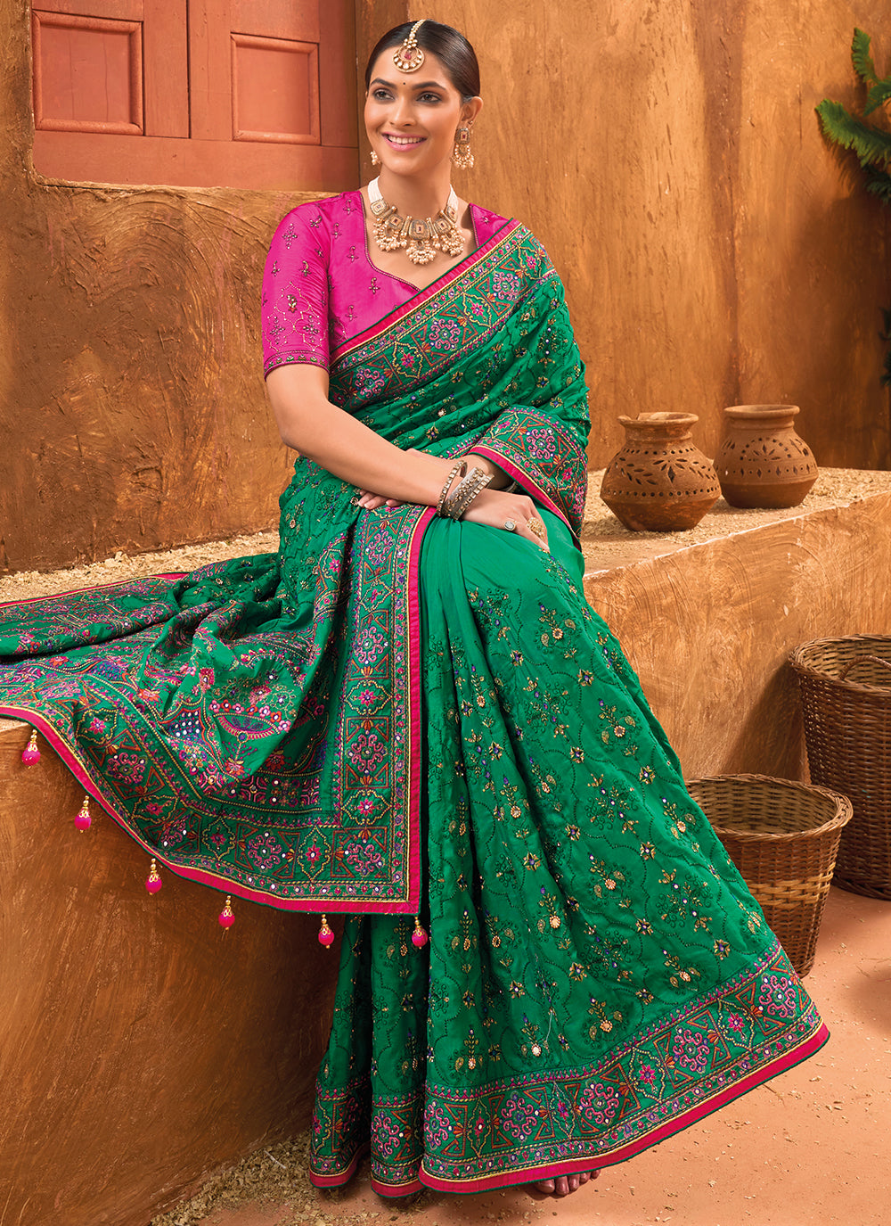 Green Banarasi Silk Classic Saree With Diamond, Hand And Mirror Work