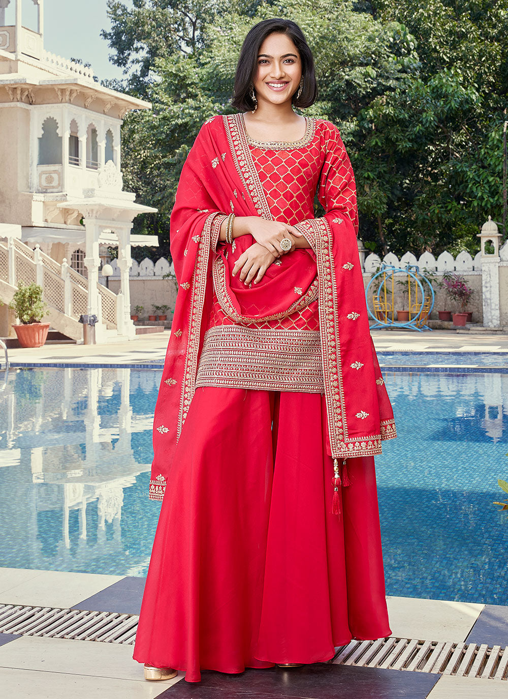 Red Silk Embroidered Work Salwar Suit For Women