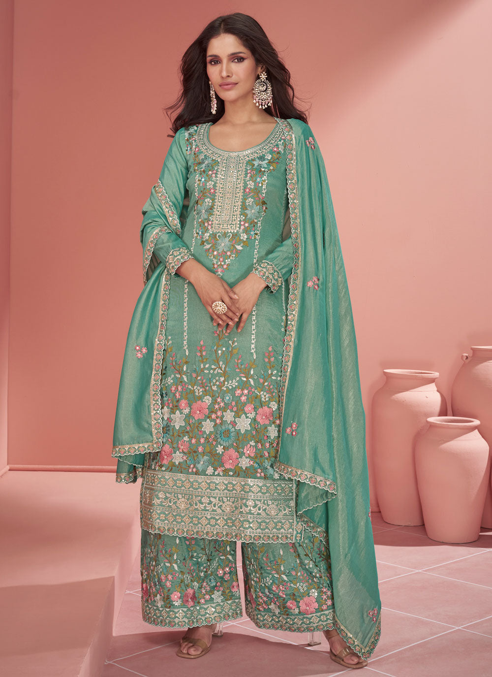 Sea Green Organza Embroidered Work Salwar Suit For Engagement