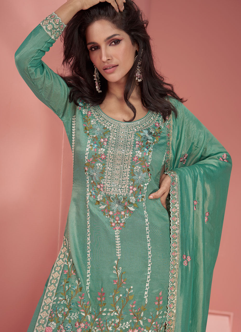 Sea Green Organza Embroidered Work Salwar Suit For Engagement