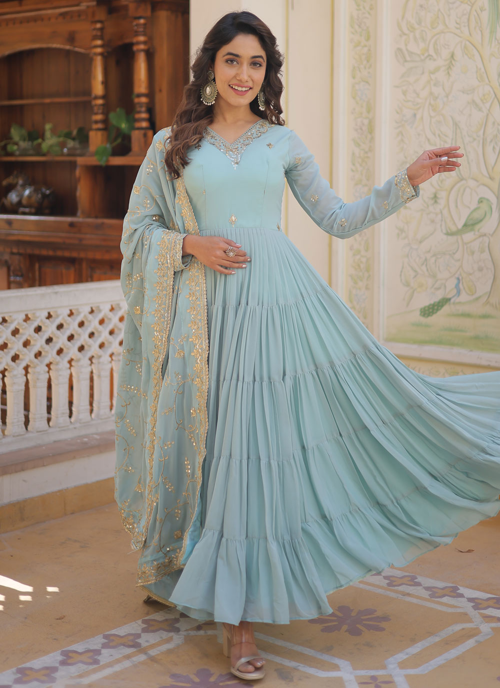 Embroidered And Sequins Work Faux Georgette Indian Gown In Aqua Blue For Ceremonial