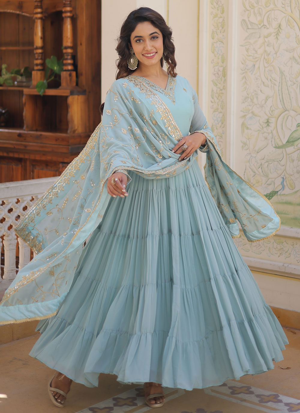 Embroidered And Sequins Work Faux Georgette Indian Gown In Aqua Blue For Ceremonial