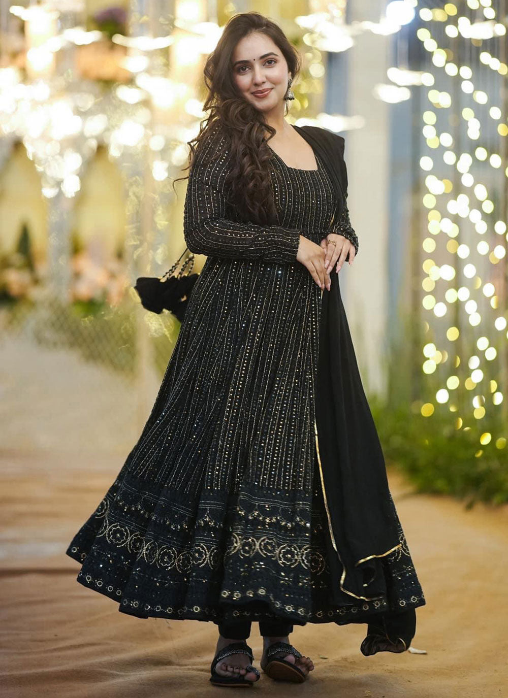 Black Faux Georgette Embroidered And Sequins Work Gown For Women