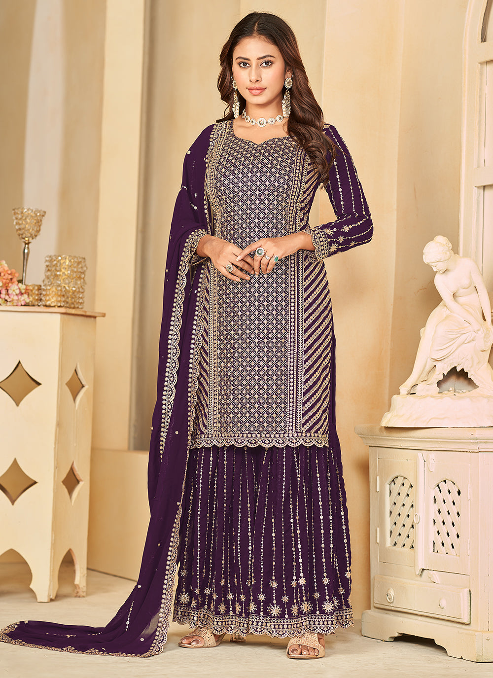 Purple Faux Georgette Salwar Suit With Embroidered Work