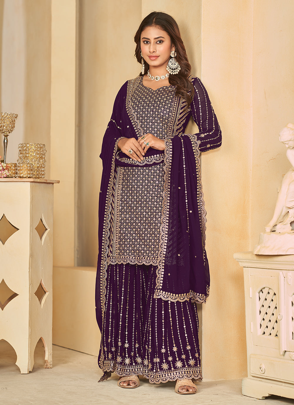 Purple Faux Georgette Salwar Suit With Embroidered Work