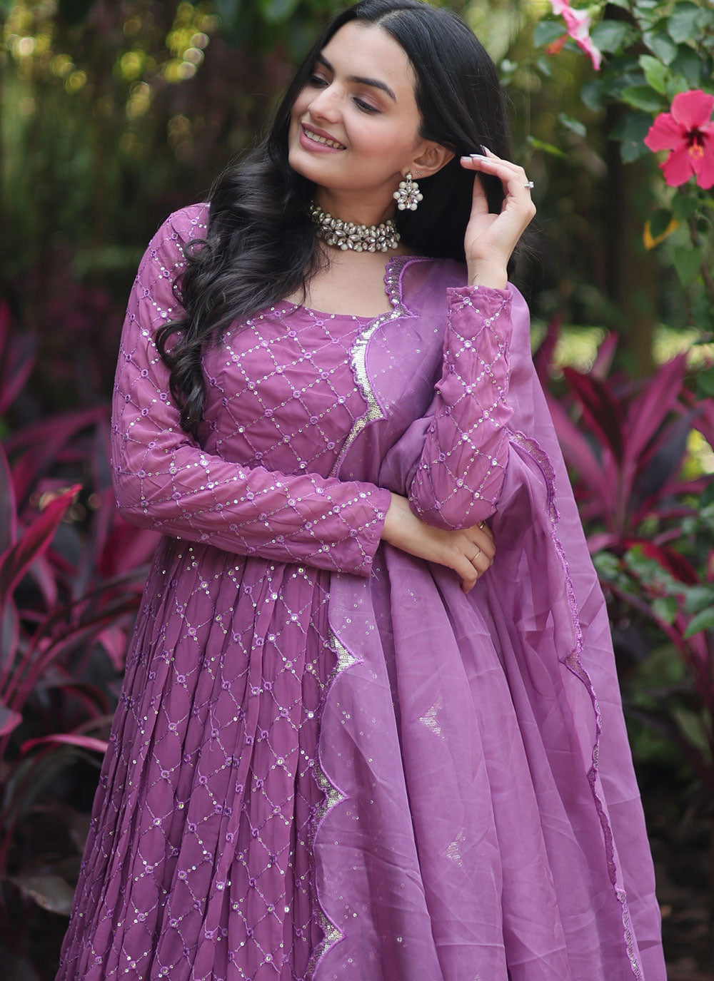 Pink Faux Georgette Embroidered, Sequins And Thread Work Designer Gown