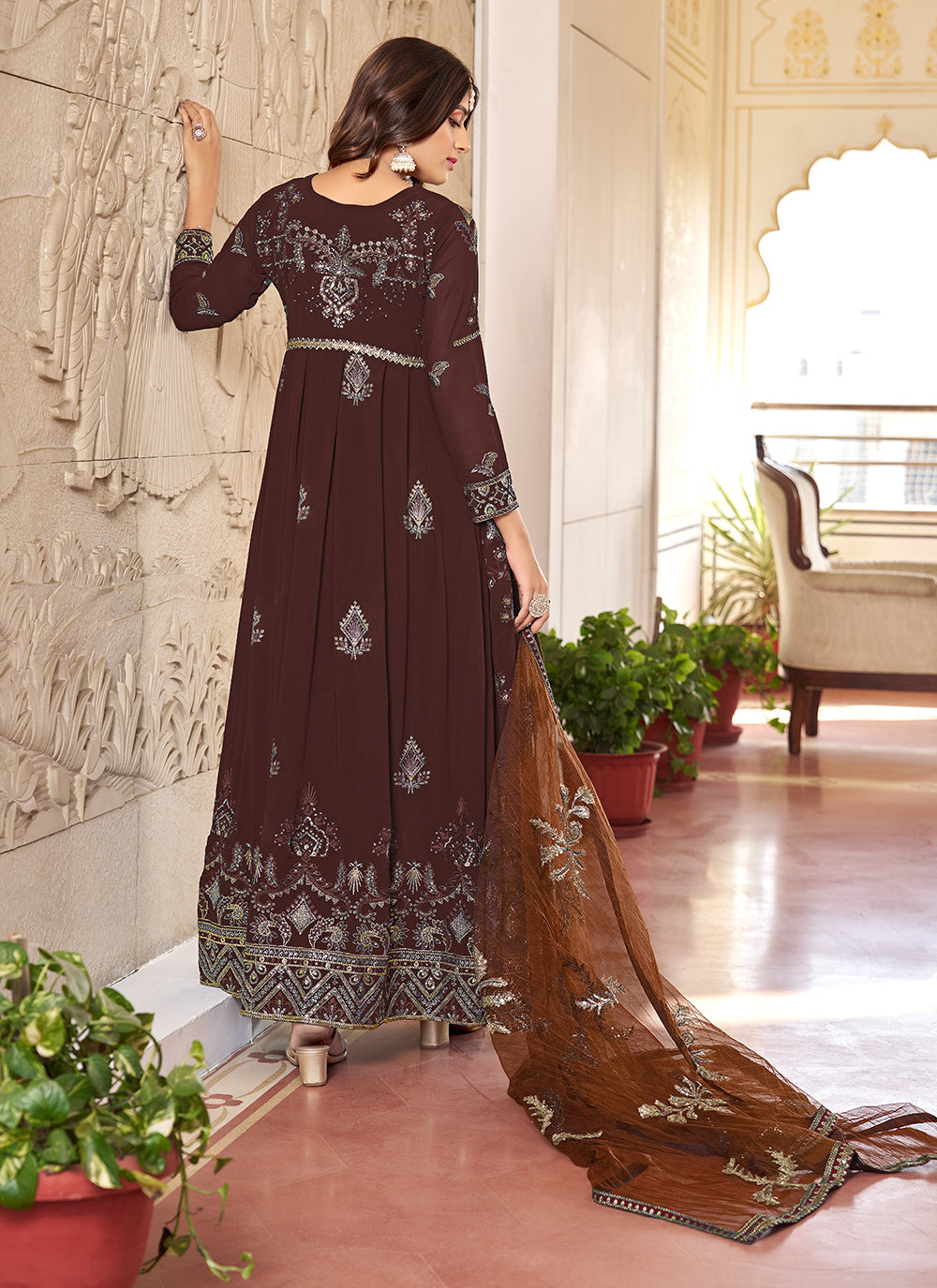 Brown Faux Georgette Embroidered And Sequins Work Gown