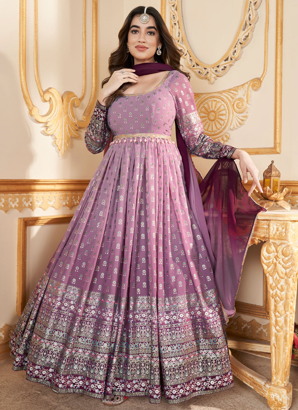 Purple Faux Georgette Designer Gown With Foil Print Work