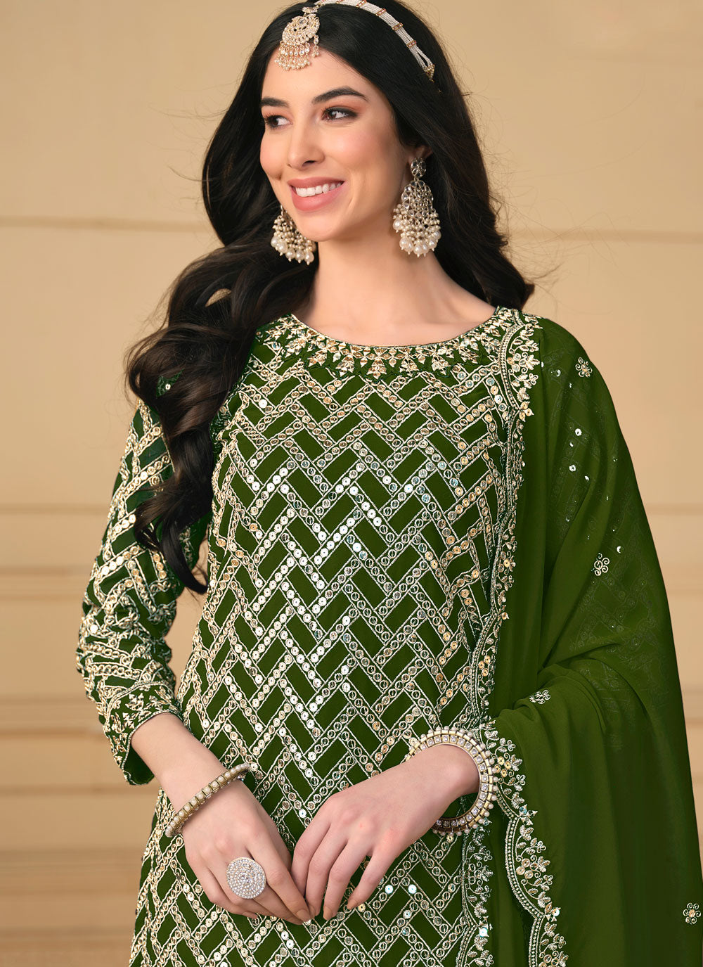 Chic Green Faux Georgette Salwar Suit With Embroidered Work