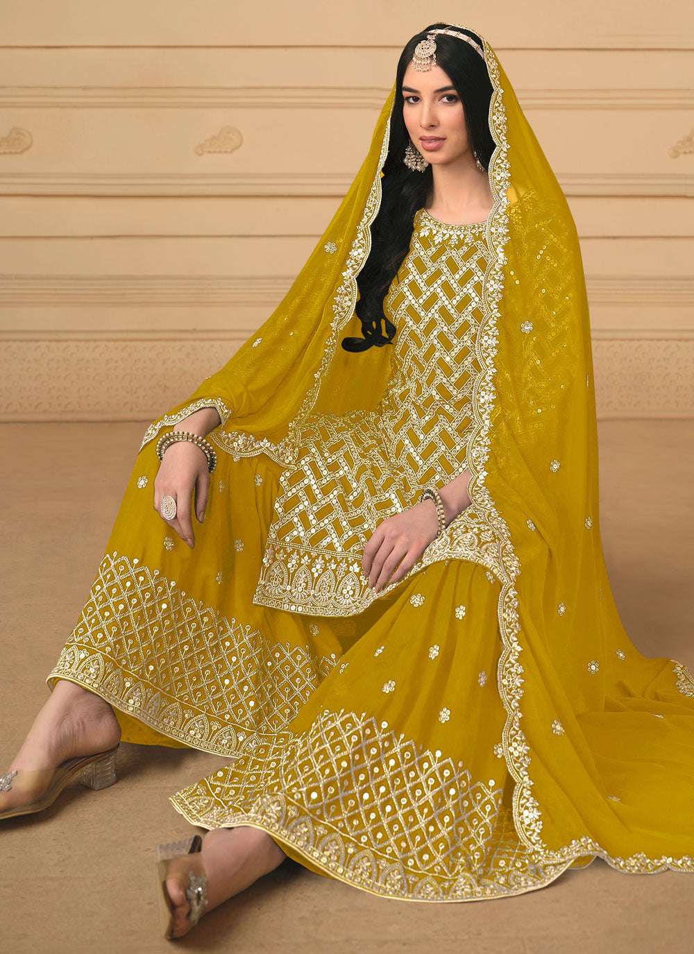 Mustard Faux Georgette Salwar Suit With Embroidered Work For Ceremonial
