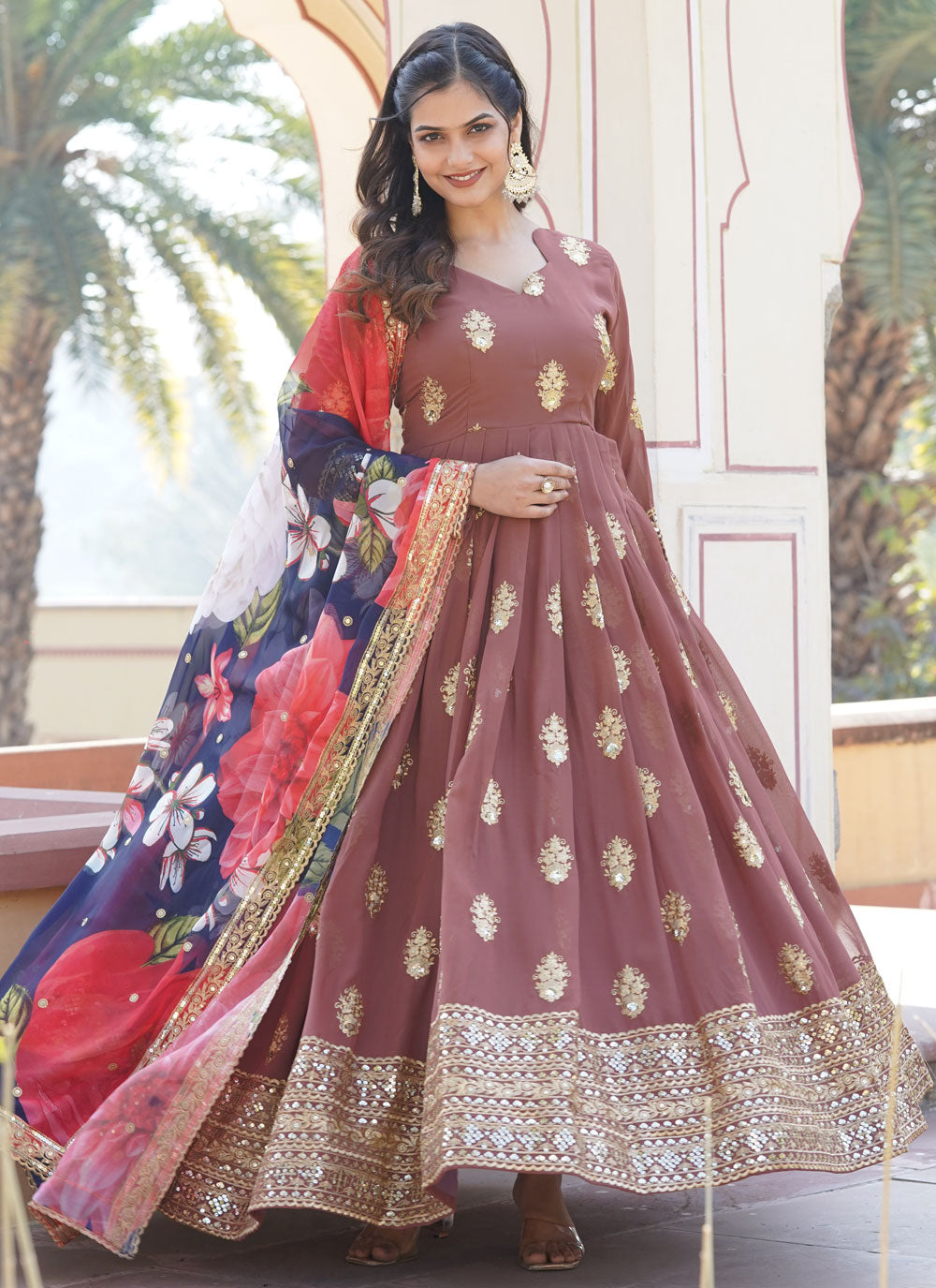 Brown Faux Georgette Designer Gown With Embroidered, Sequins And Zari Work
