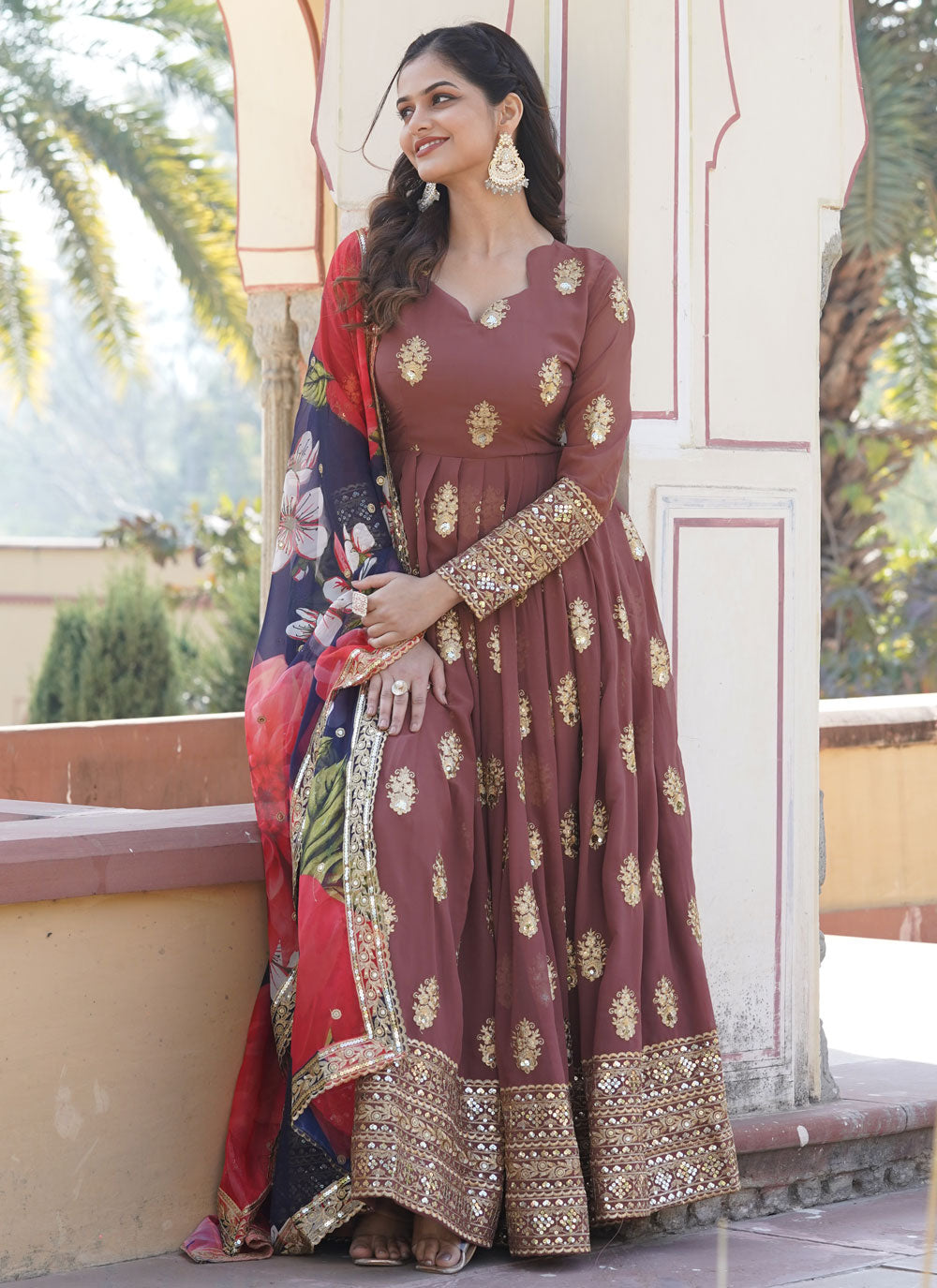 Brown Faux Georgette Designer Gown With Embroidered, Sequins And Zari Work