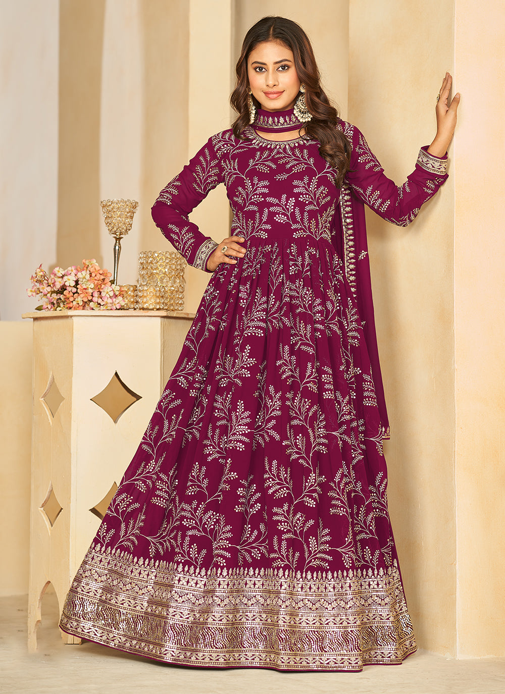 Wine Faux Georgette Salwar Suit With Embroidered And Sequins Work