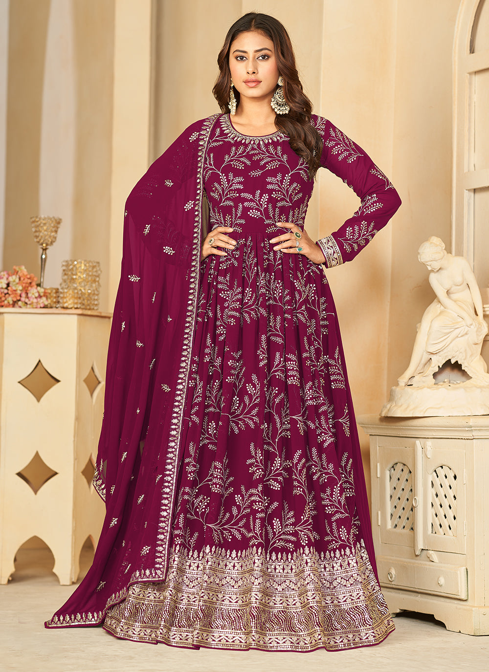 Wine Faux Georgette Salwar Suit With Embroidered And Sequins Work