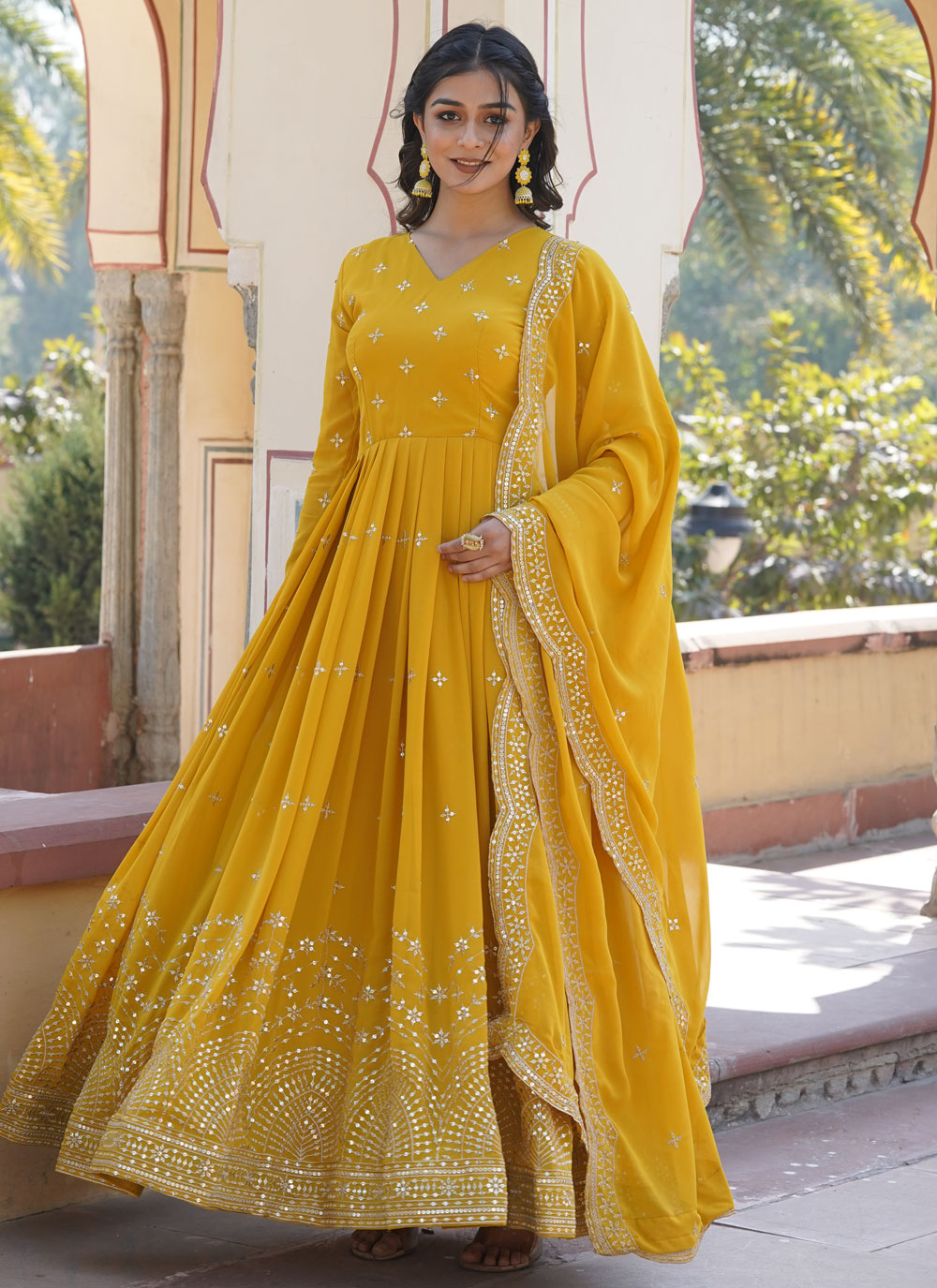 Yellow Embroidered And Sequins Work Faux Georgette Designer Gown