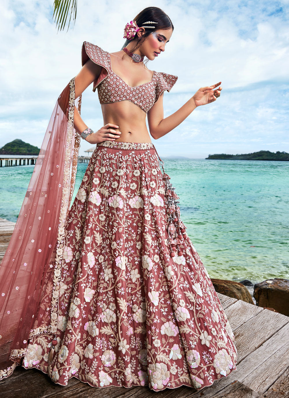 Chinon A - Line Lehenga Choli With Embroidered, Moti, Sequins And Thread Work