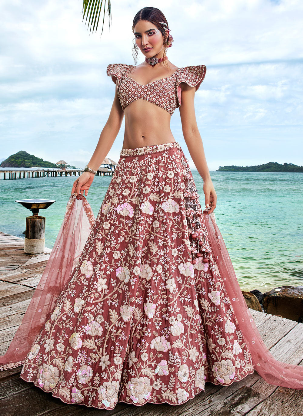 Chinon A - Line Lehenga Choli With Embroidered, Moti, Sequins And Thread Work