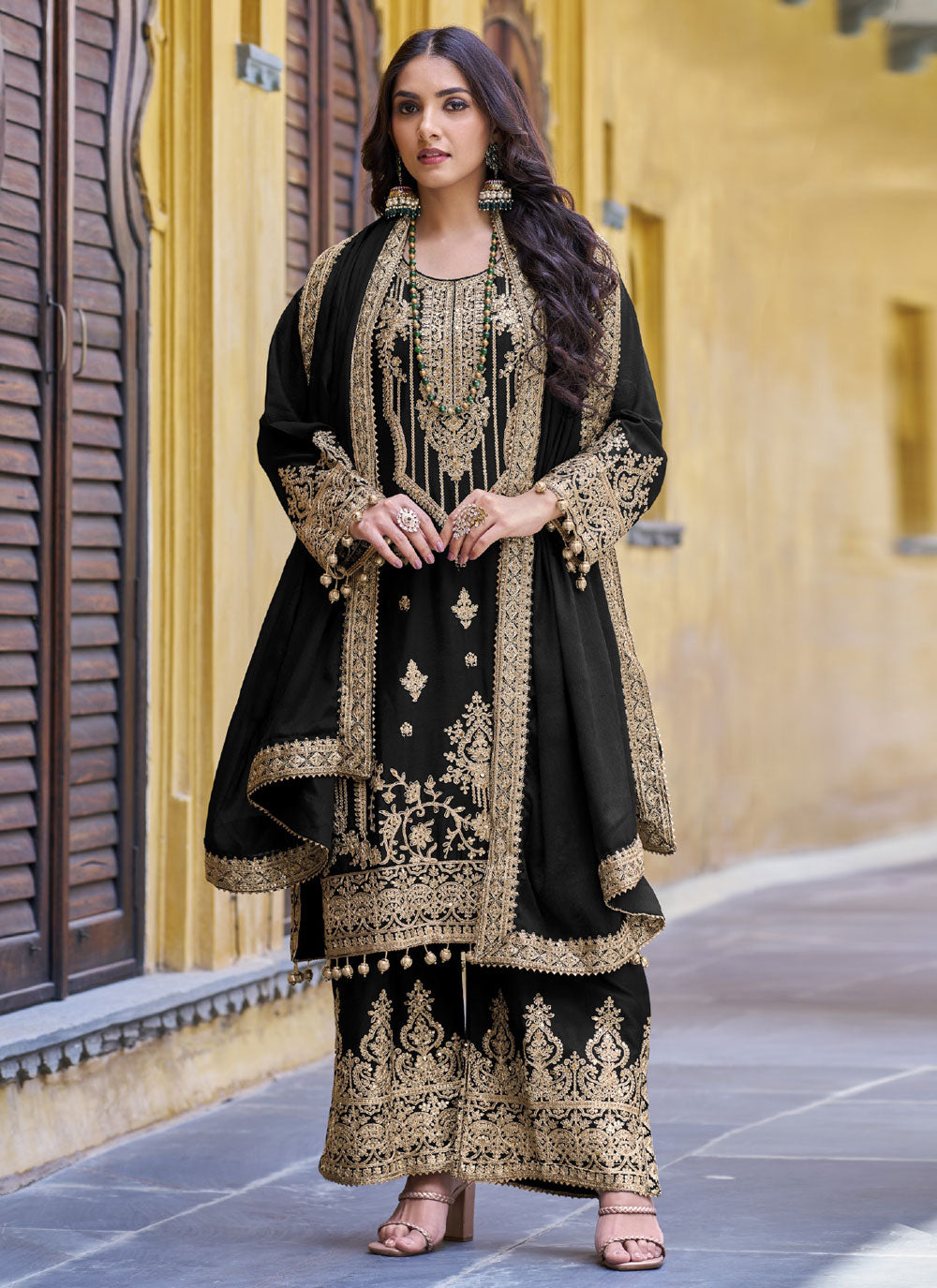 Black Chinon Beads, Embroidered And Sequins Work Pakistani Salwar Suit