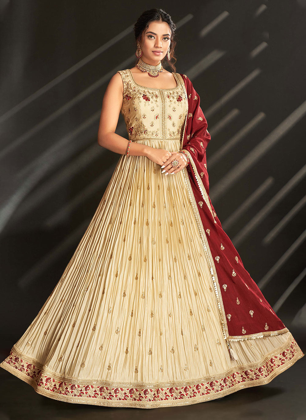 Beige Silk Indian Gown With Embroidered And Sequins Work