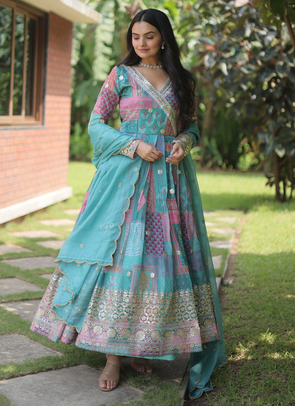 Aqua Blue Silk Designer Gown With Digital Print And Embroidered Work