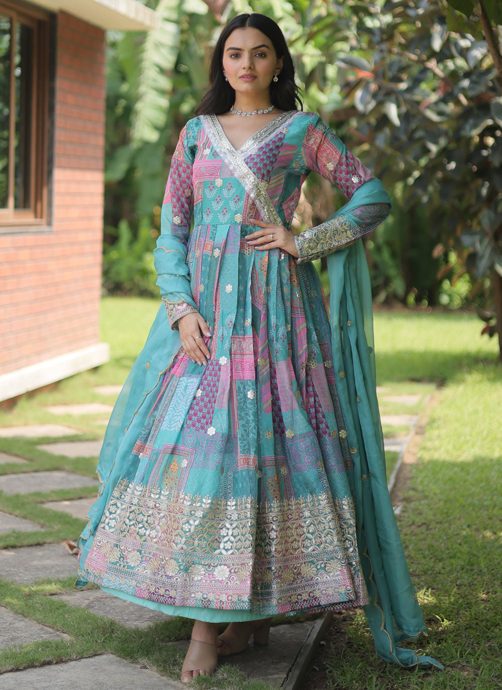 Aqua Blue Silk Designer Gown With Digital Print And Embroidered Work