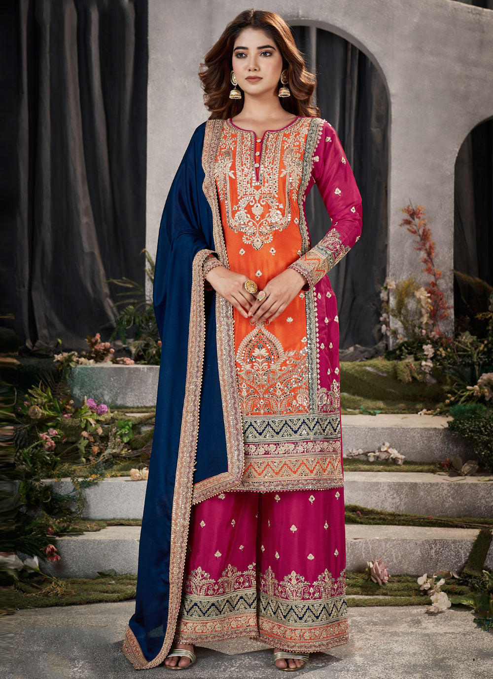 Embroidered And Mirror Work Chinon Salwar Suit In Orange
