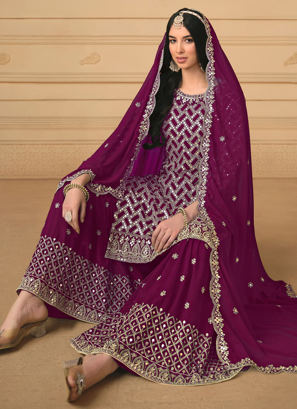 Modish Purple Faux Georgette Salwar Suit With Embroidered Work