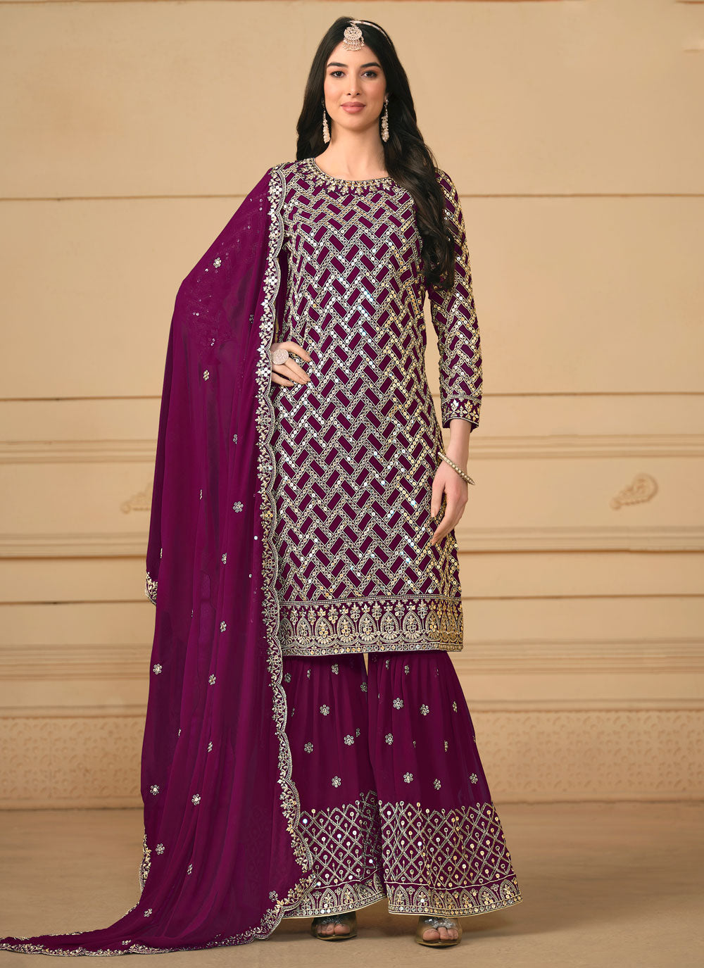 Modish Purple Faux Georgette Salwar Suit With Embroidered Work
