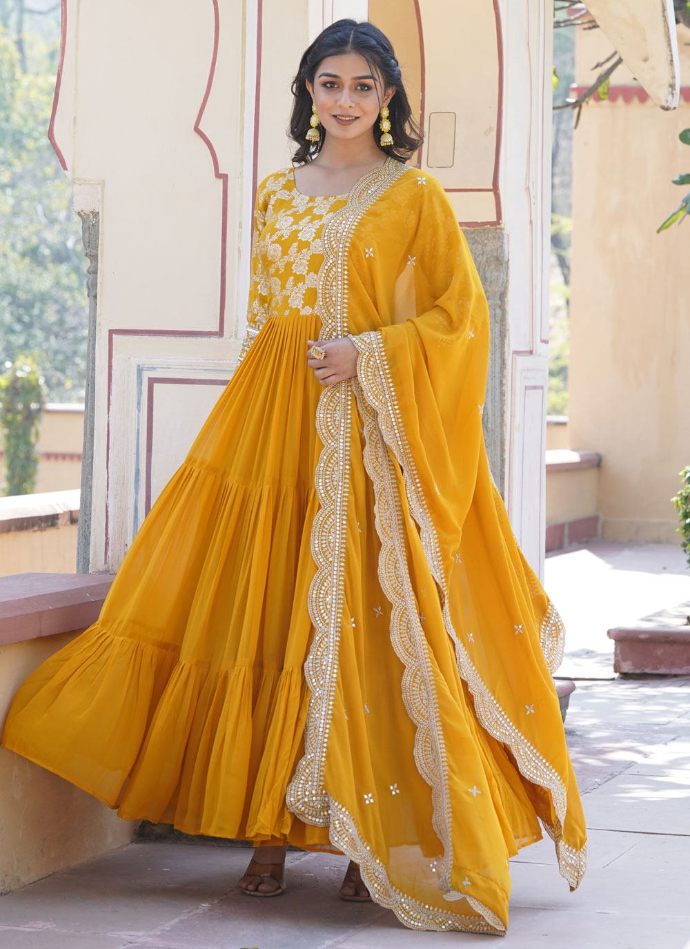 Embroidered And Sequins Work Viscose Gown In Yellow