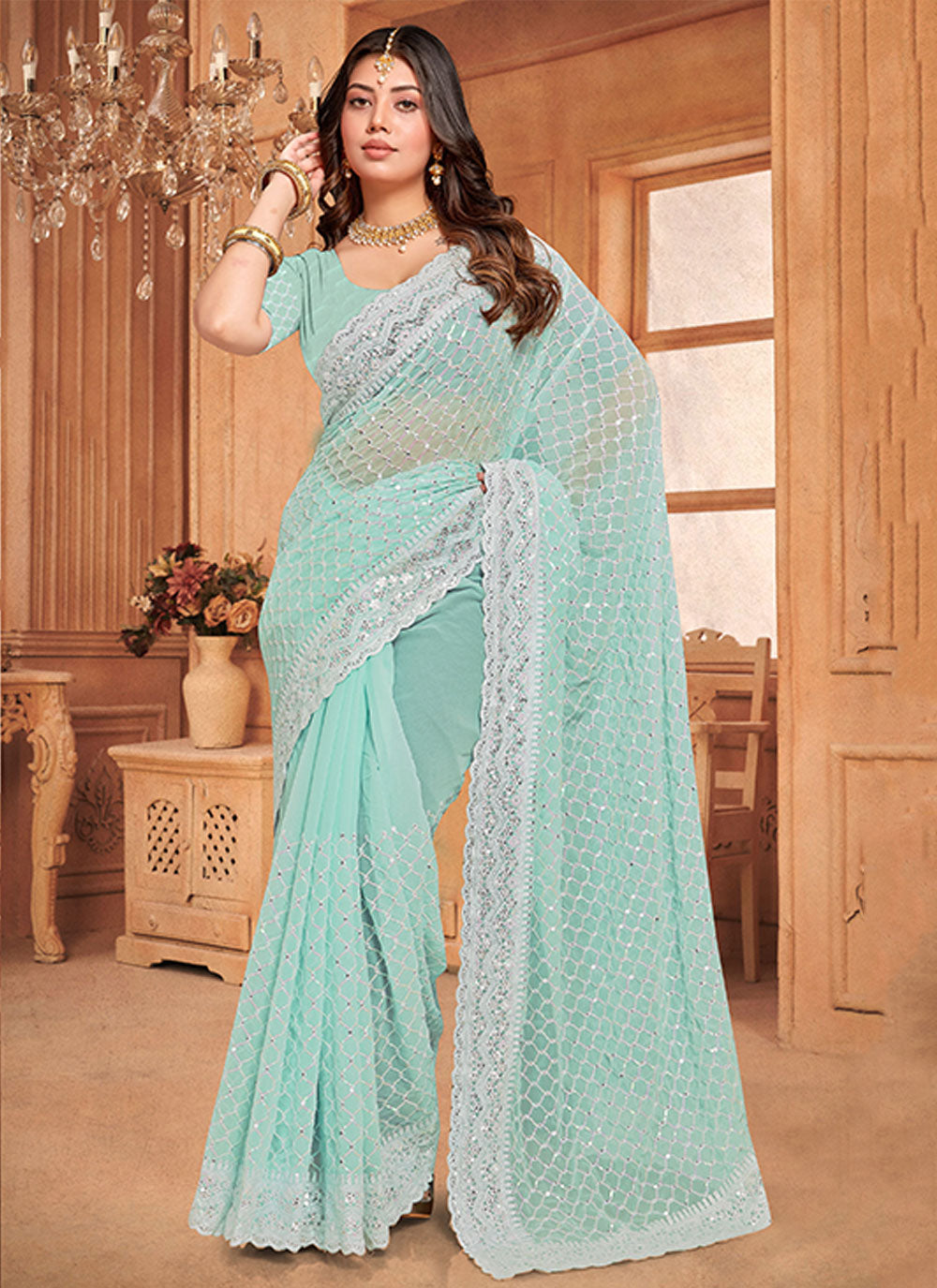 Blue Georgette Embroidered And Sequins Work Designer Sari