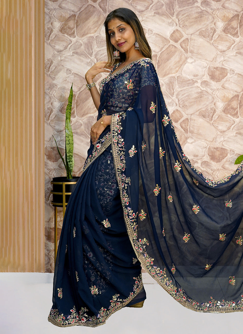 Georgette Classic Saree In Navy Blue