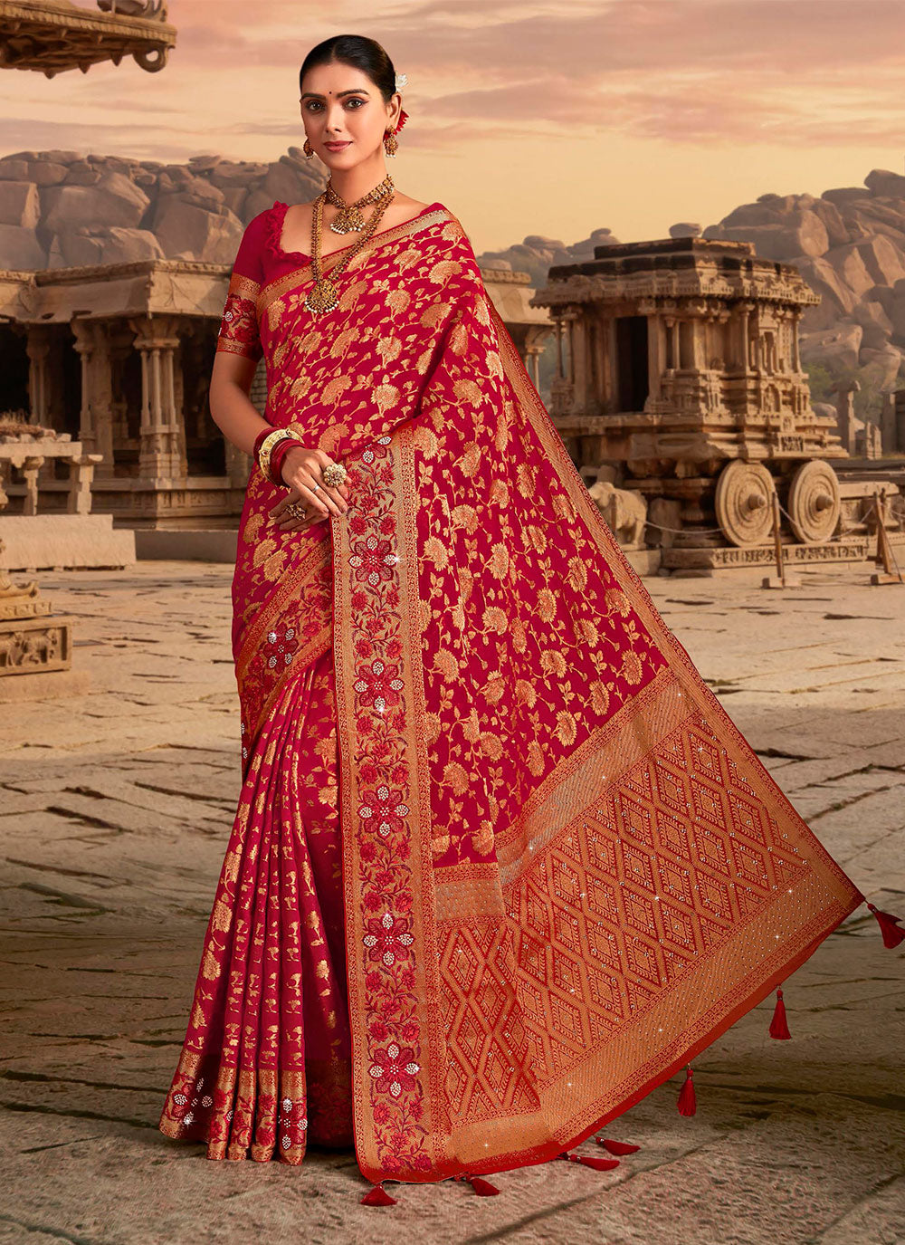 Embroidered And Weaving Work Georgette Contemporary Saree In Red For Ceremonial
