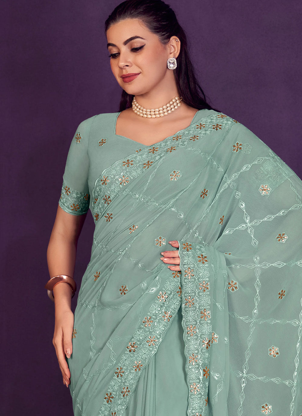 Aqua Blue Georgette Contemporary Sari With Embroidered And Sequins Work