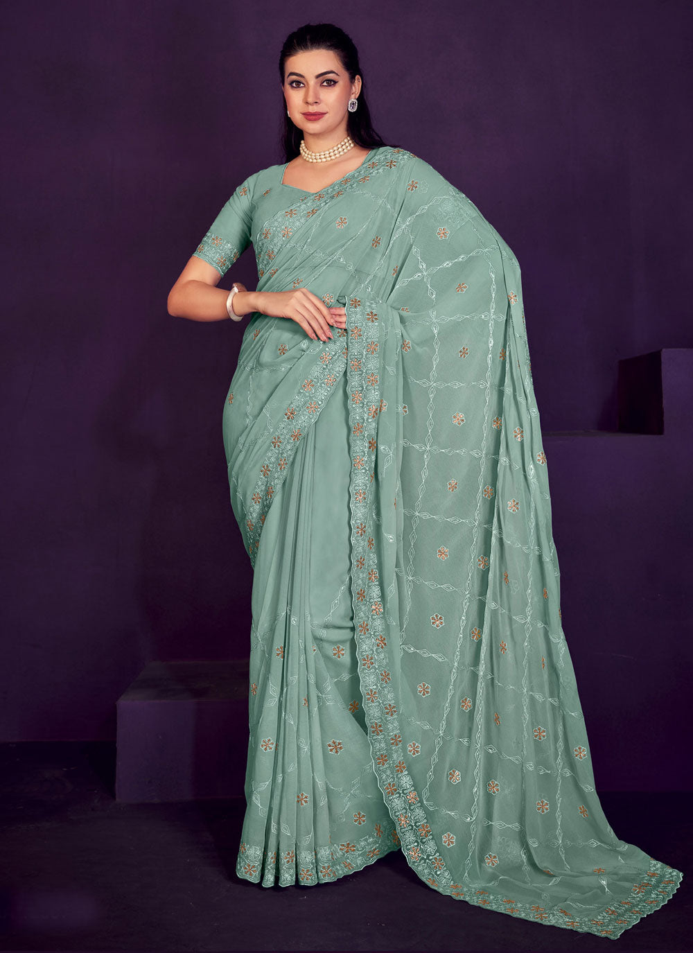 Aqua Blue Georgette Contemporary Sari With Embroidered And Sequins Work