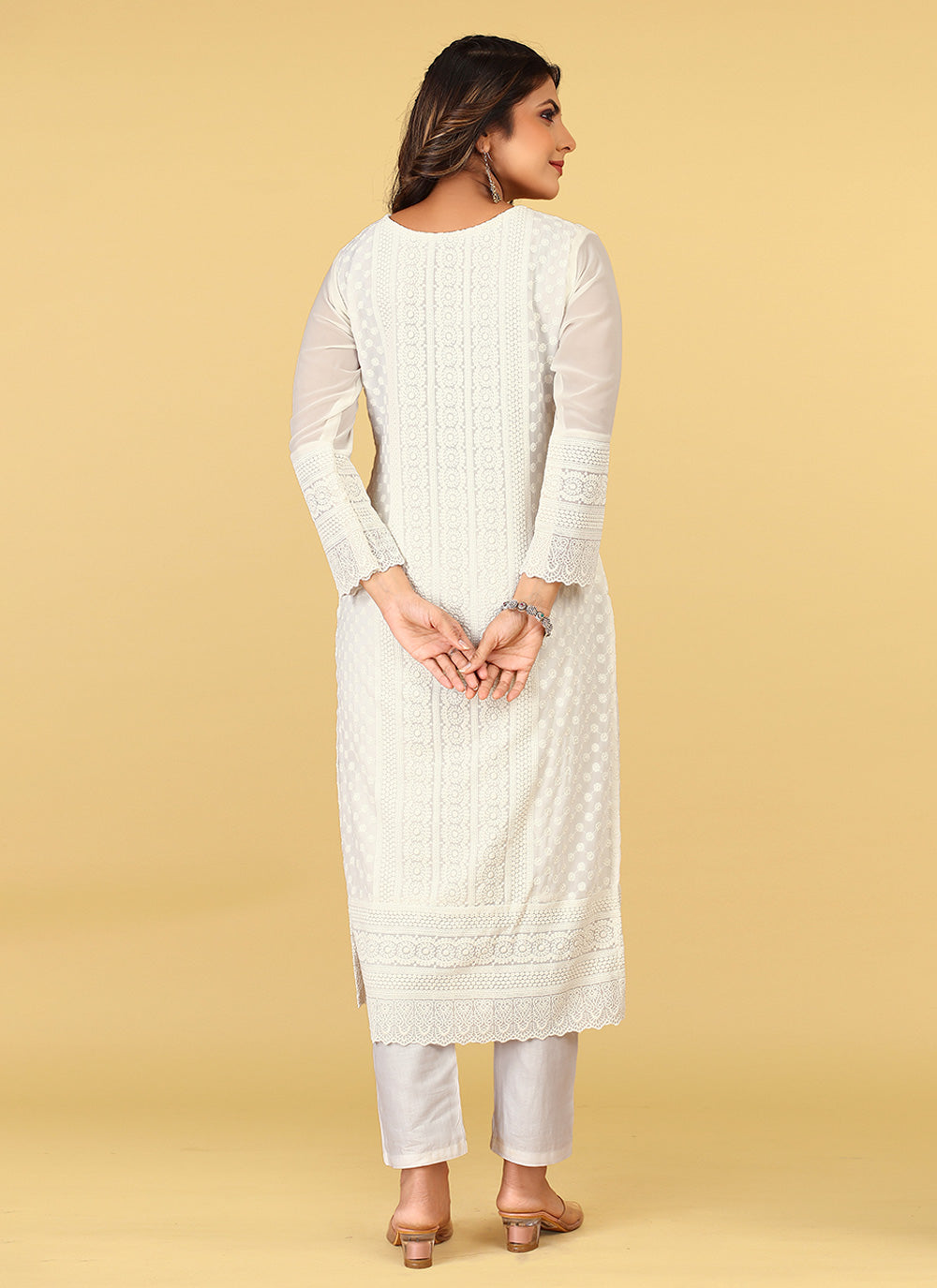 Embroidered Party Wear Kurti In Off White